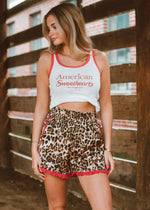 leopard print shorts, shorts with red ace detail, high waisted shorts, lounge shorts, summer outfit, leopard shorts with red stripe, concert outfit
