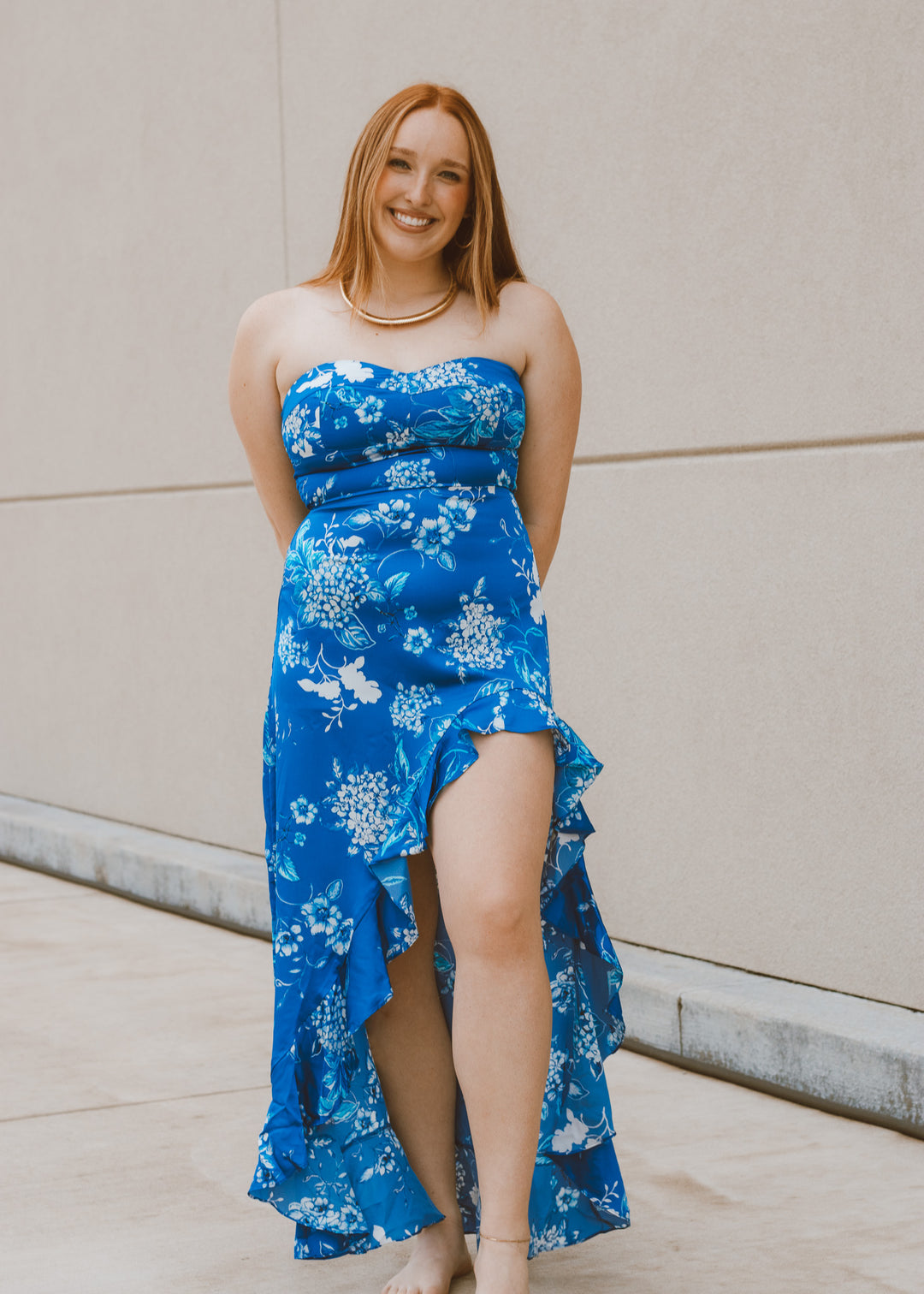 strapless maxi dress, corset dress, satin dress, high slit dress, wedding guest look, beach vacation dress, blue floral dress, ruffle detail