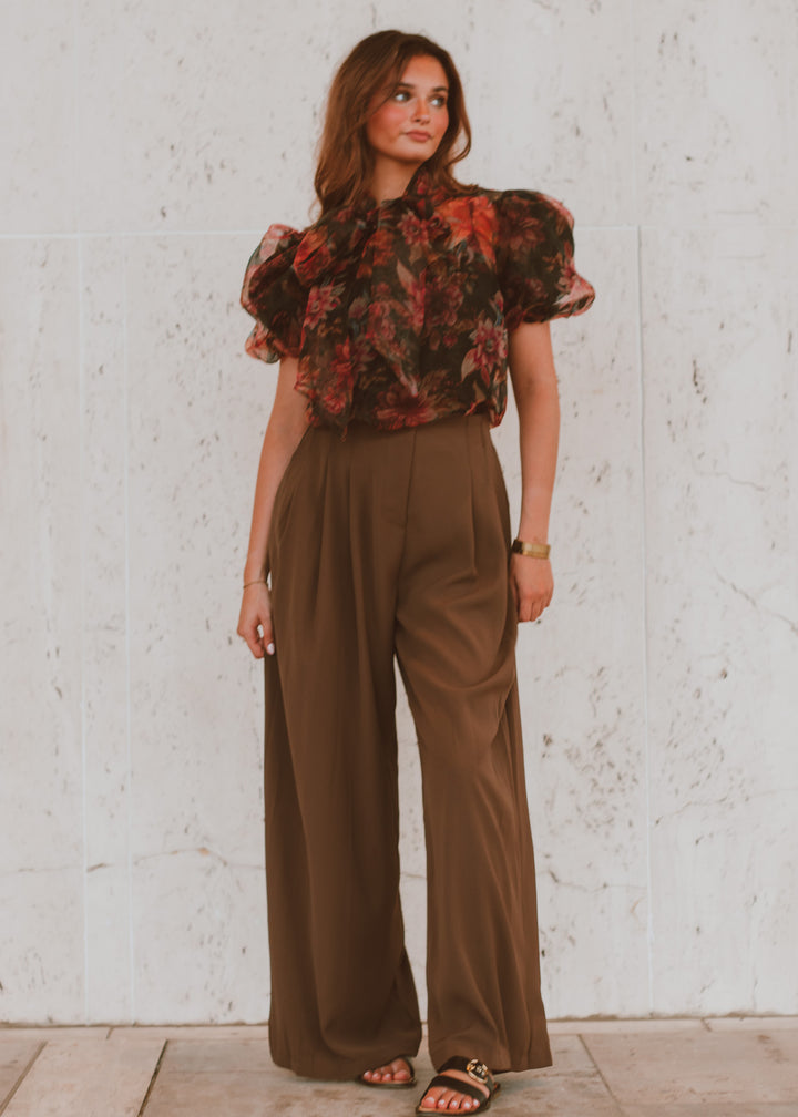 brown elegant pant, pleated pant, high waisted pant, tailored fit pant, brown work bottom, formal work outfit