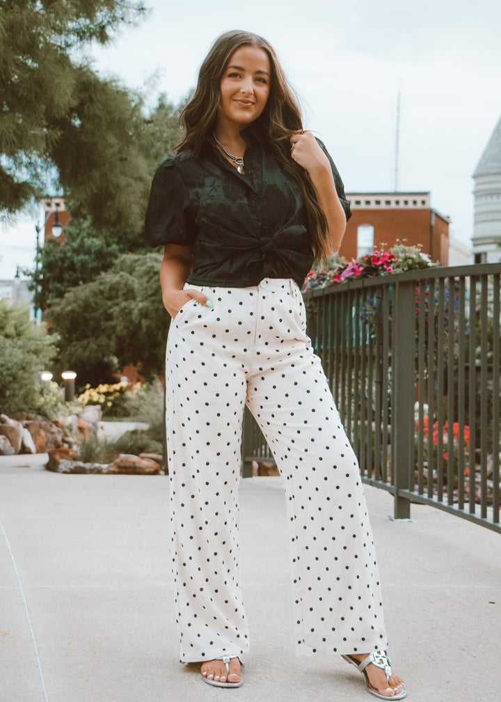 work pants, polka dot dress pant, summer business wear, high waisted business pants, breathable work pants, trendy pattern bottoms