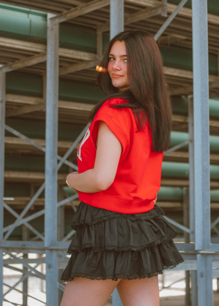 Black skort with layered ruffles detailed with lace