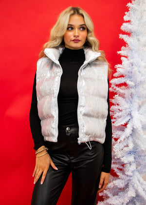 Frozen Silver Metallic Sequin Puffer Vest