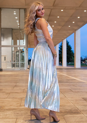 
            
                Load image into Gallery viewer, Silver Tinsel Pleated Maxi Skirt
            
        