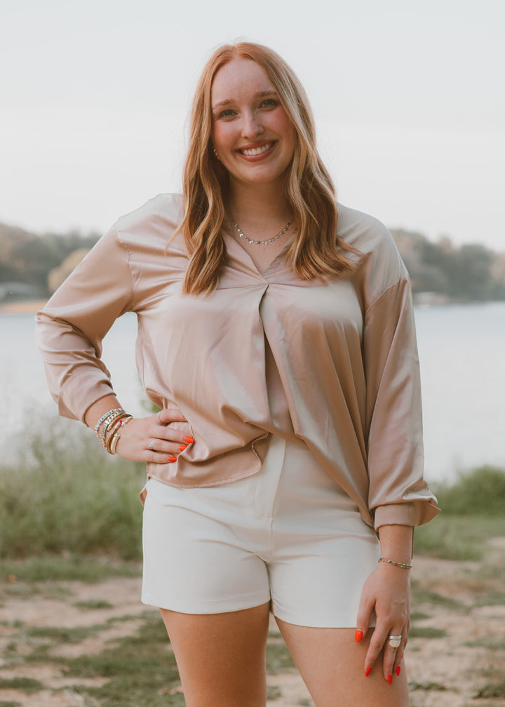 Boardroom Beauty Taupe Satin Blouse