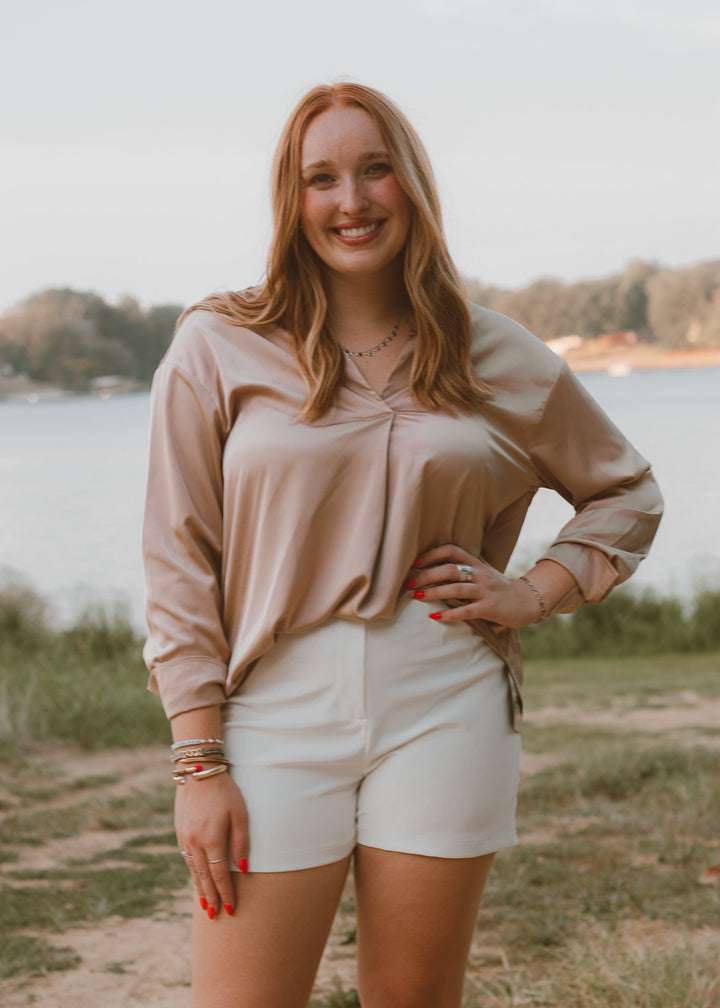 Boardroom Beauty Taupe Satin Blouse