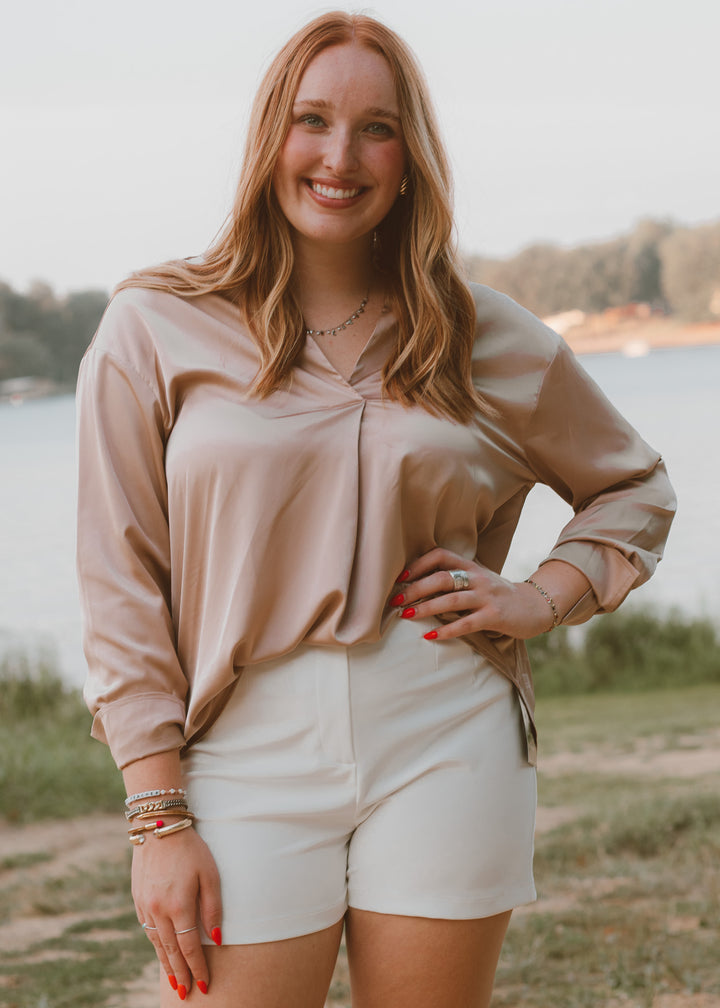 Boardroom Beauty Taupe Satin Blouse
