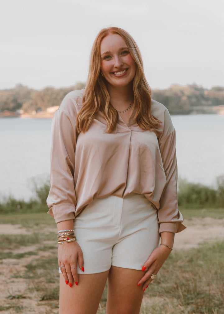 Boardroom Beauty Taupe Satin Blouse