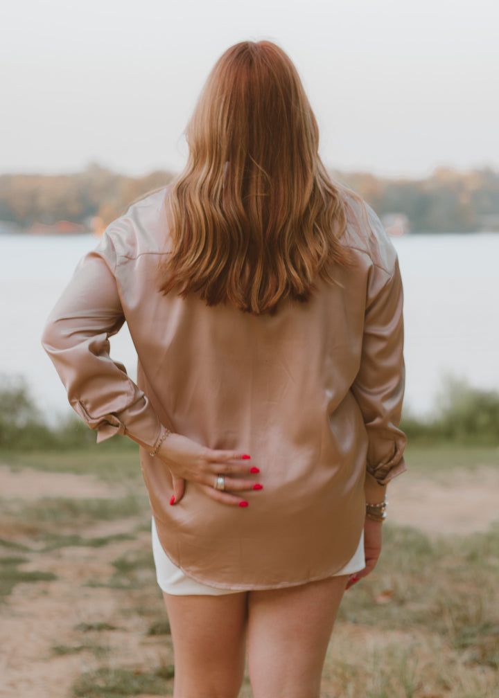 Boardroom Beauty Taupe Satin Blouse