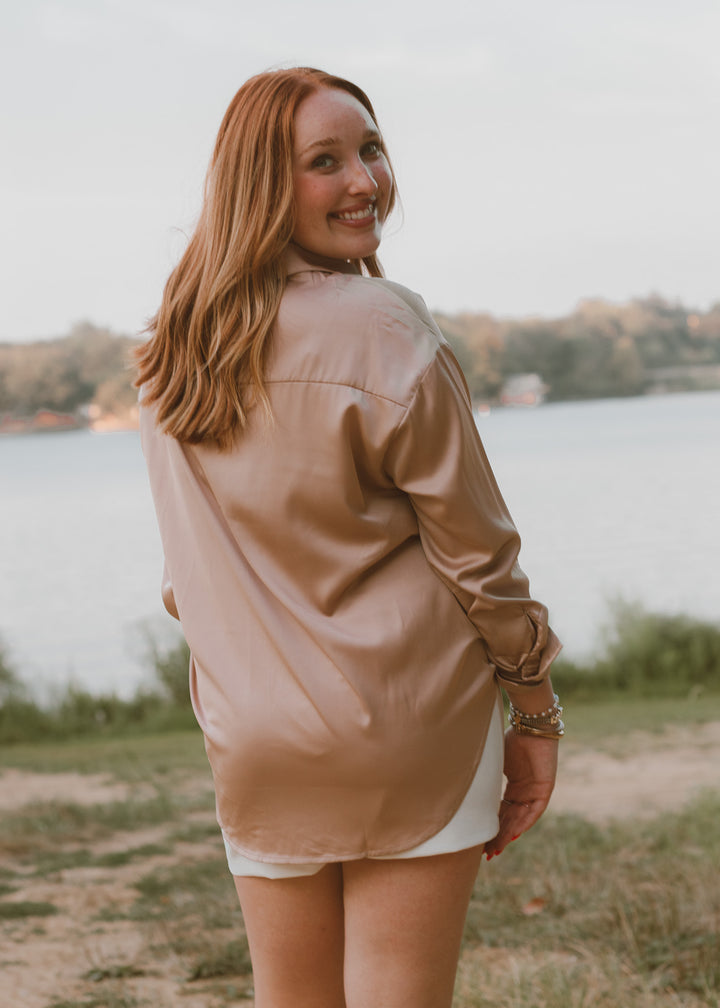 Boardroom Beauty Taupe Satin Blouse