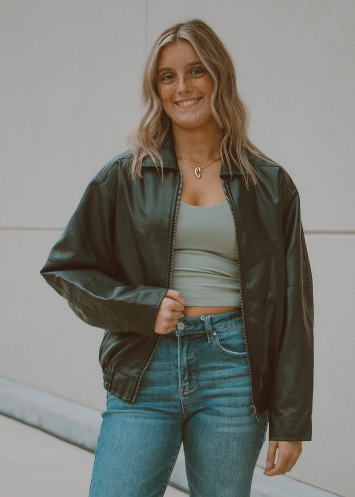 Black Vegan Leather Bomber Jacket