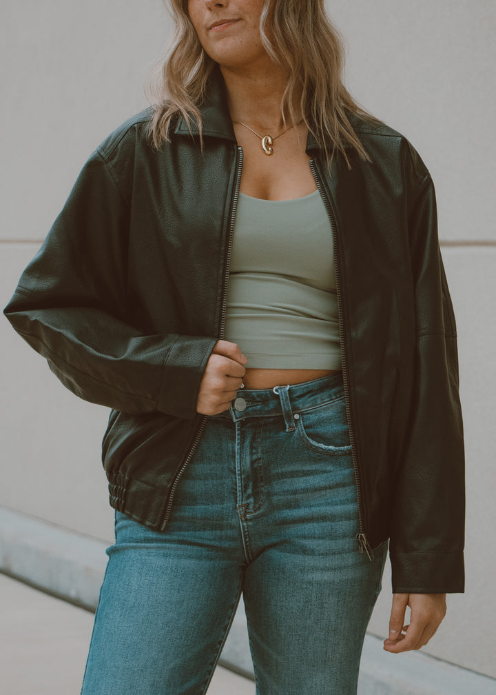 Black Vegan Leather Bomber Jacket