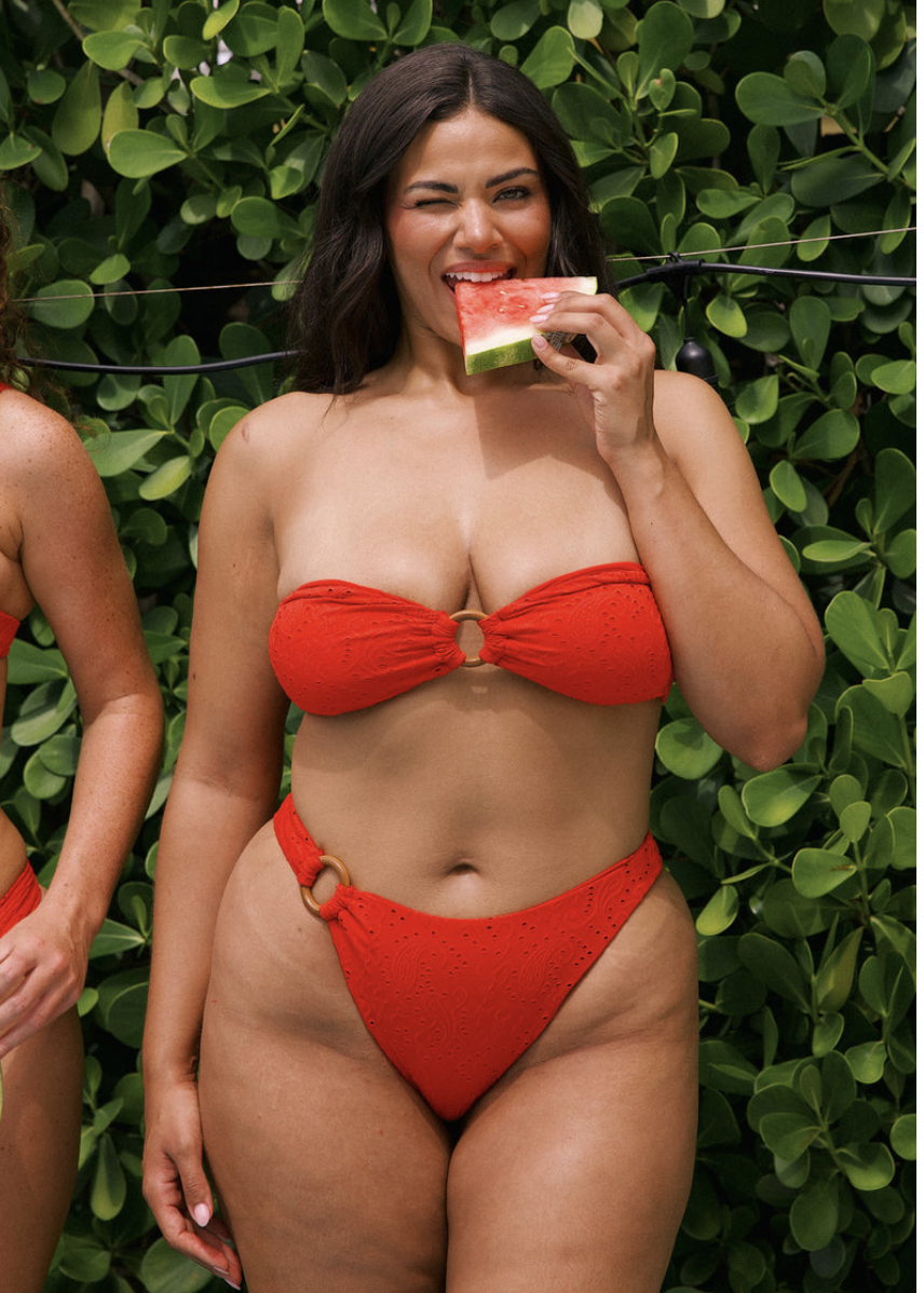 eyelet swimsuit, red swimsuit, bandeau swimsuit, wooden piece bottom, 4thof July outfit, 4th of July swimsuit, cherry re3d bottoms, cherry red swimsuit 