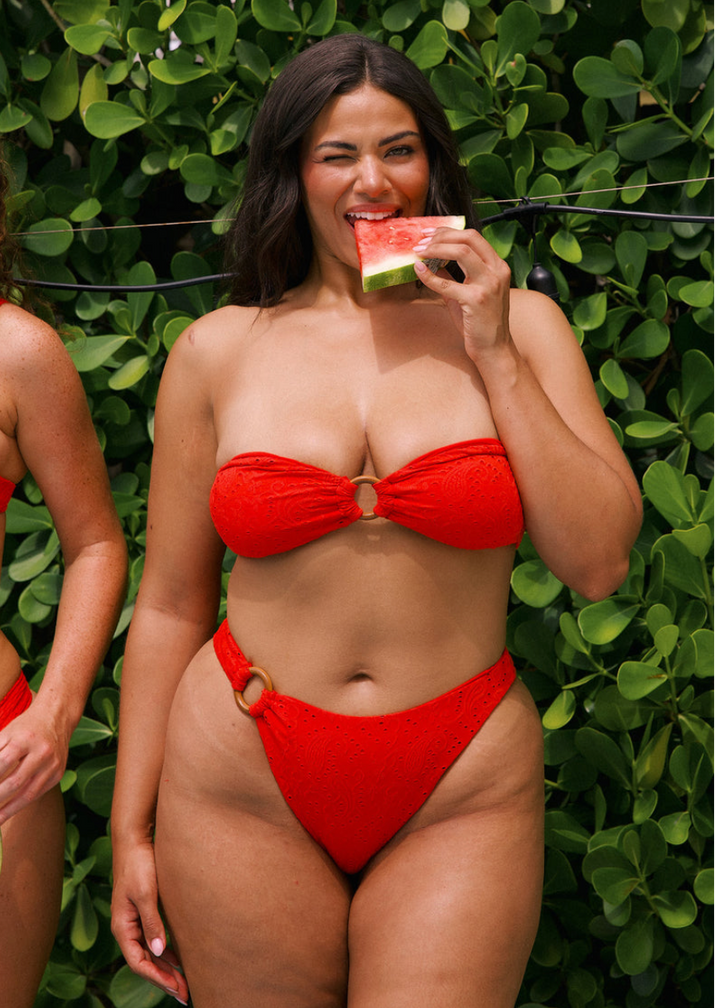 eyelet swimsuit, red swimsuit, bandeau swimsuit, wooden piece bottom, 4thof July outfit, 4th of July swimsuit, cherry re3d bottoms, cherry red swimsuit 