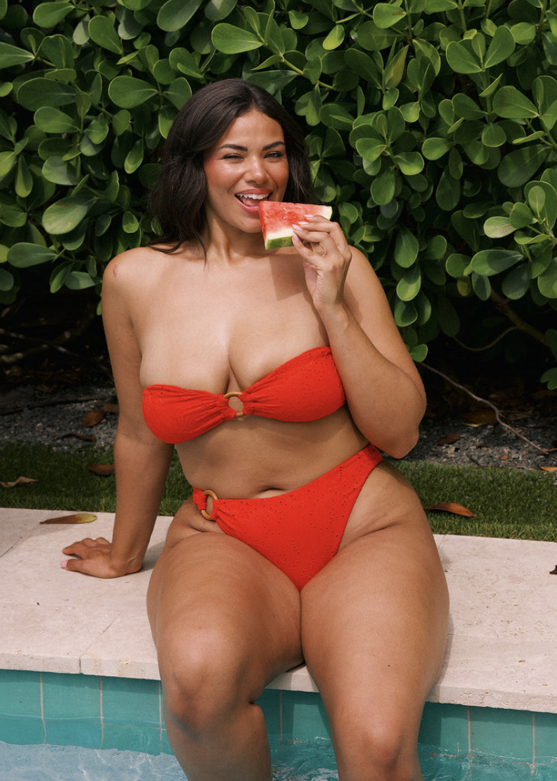 eyelet swimsuit, red swimsuit, bandeau swimsuit, center piece top, 4thof July outfit, 4th of July swimsuit, bandeau top, red bandeau top