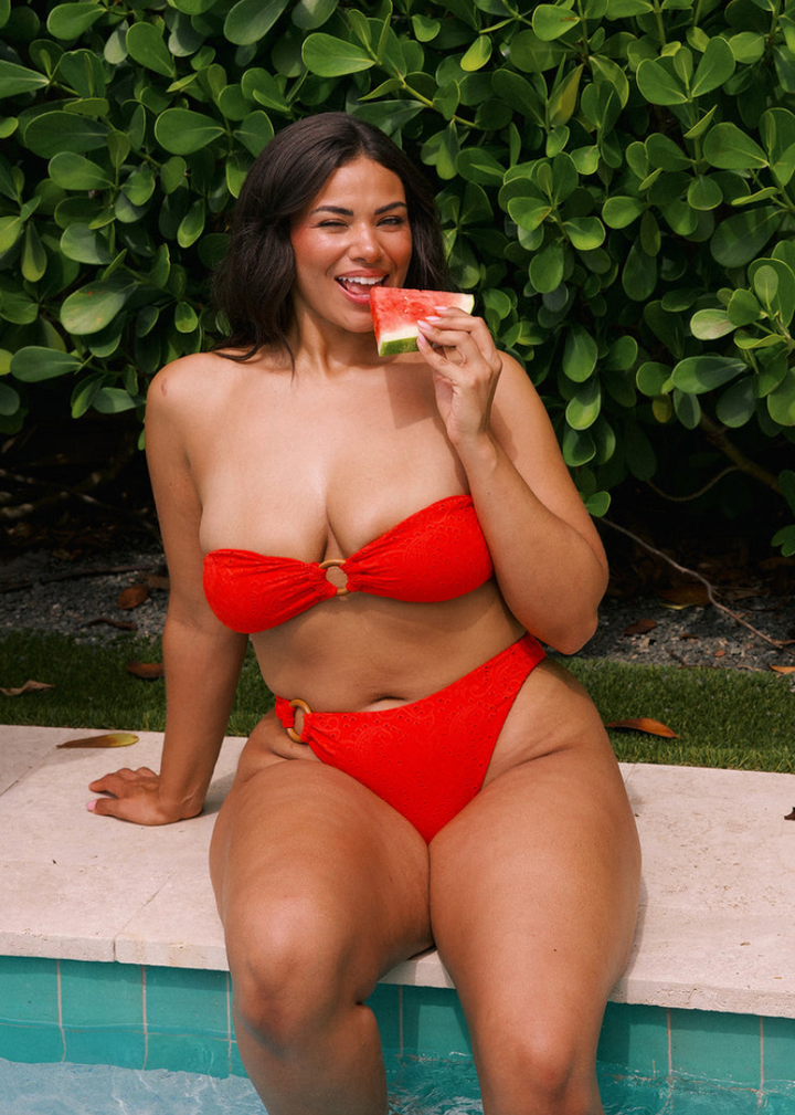 eyelet swimsuit, red swimsuit, bandeau swimsuit, center piece top, 4thof July outfit, 4th of July swimsuit, bandeau top, red bandeau top