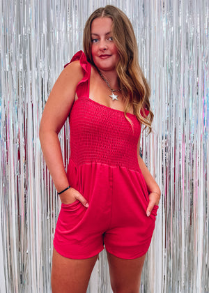 
            
                Load image into Gallery viewer, Strawberry Daiquiri Smocked Romper
            
        