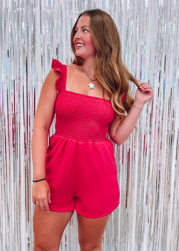 
            
                Load image into Gallery viewer, Strawberry Daiquiri Smocked Romper
            
        