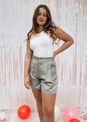 
            
                Load image into Gallery viewer, Business As Usual Olive Satin Short
            
        