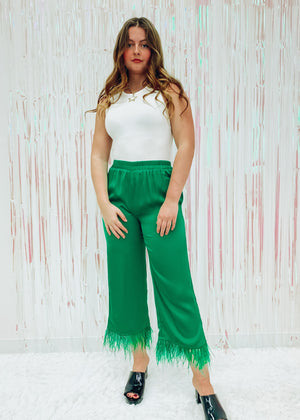 Busy Babe Emerald Feather Trim Pant