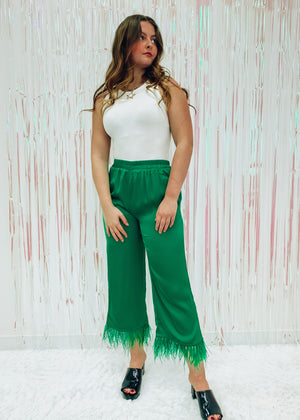 Busy Babe Emerald Feather Trim Pant