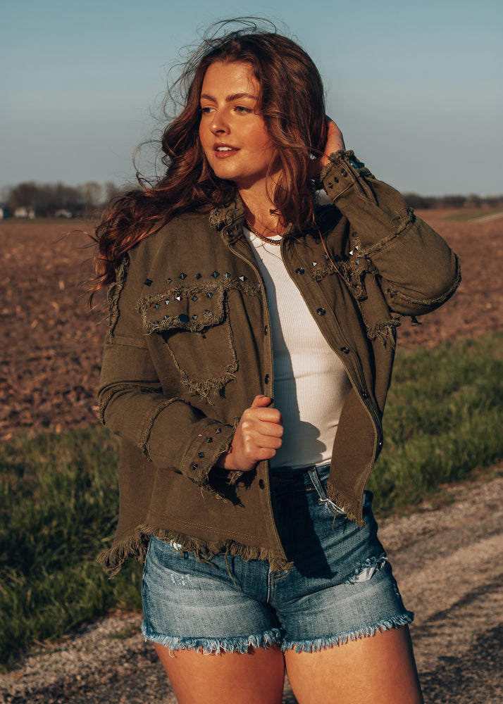 
            
                Load image into Gallery viewer, Chilling on a Dirt Road Olive Studded Jacket
            
        