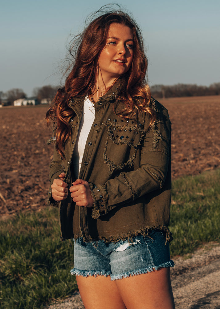 
            
                Load image into Gallery viewer, Chilling on a Dirt Road Olive Studded Jacket
            
        