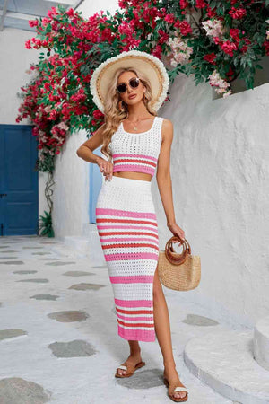 Cancun Striped Openwork Cropped Tank and Split Skirt Set